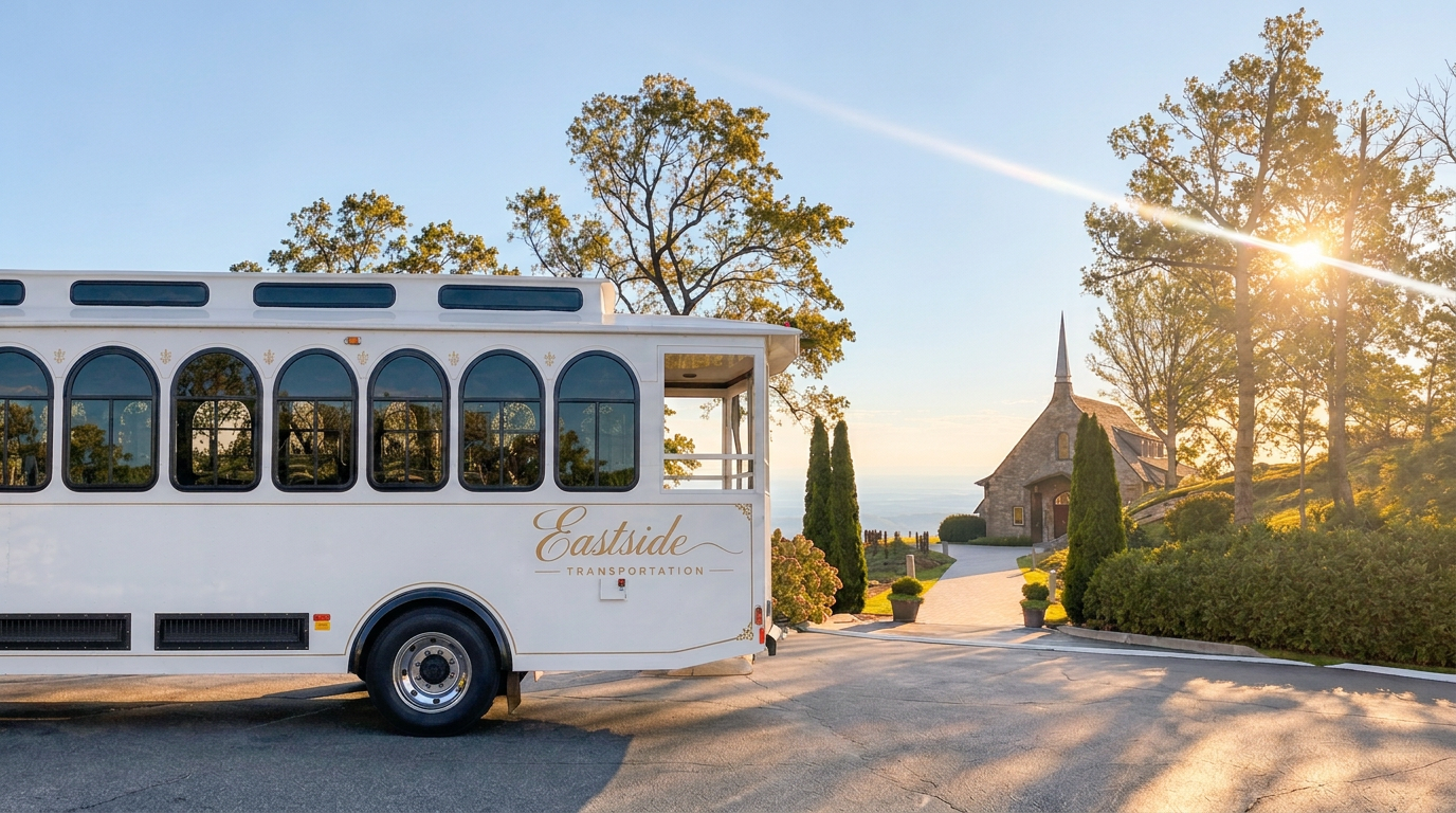 Eastside trolley beside a chapel in golden evening light