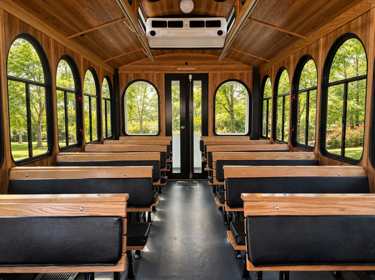 Trolley interior with cushioned oak benches and arched windows
